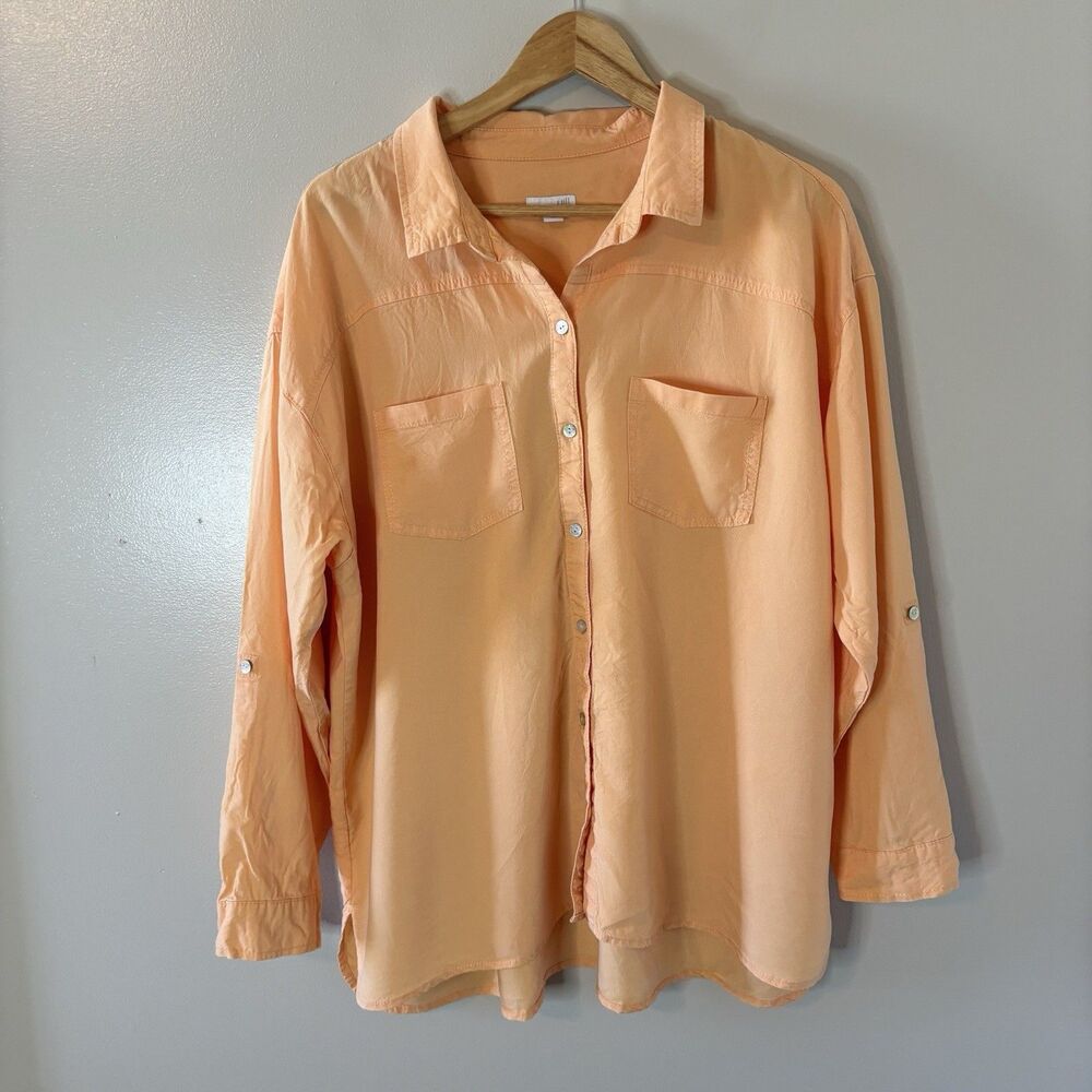 J. Jill Light Orange Button Up Top Roll Tab Sleeve Tunic Shirt Womens Sz XL